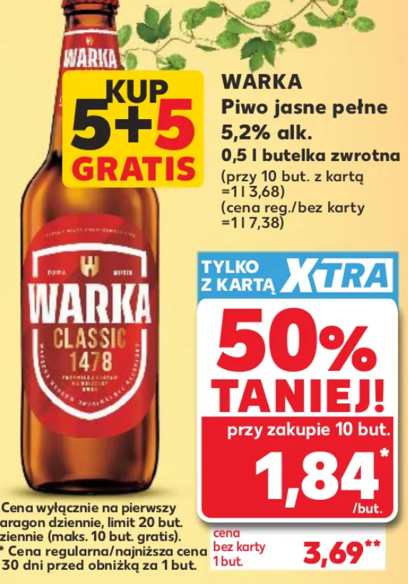 Piwo WARKA jasne pełne, 5.2% alk., 500 ML, but. zwrotna (przy zakupie 10 szt.)