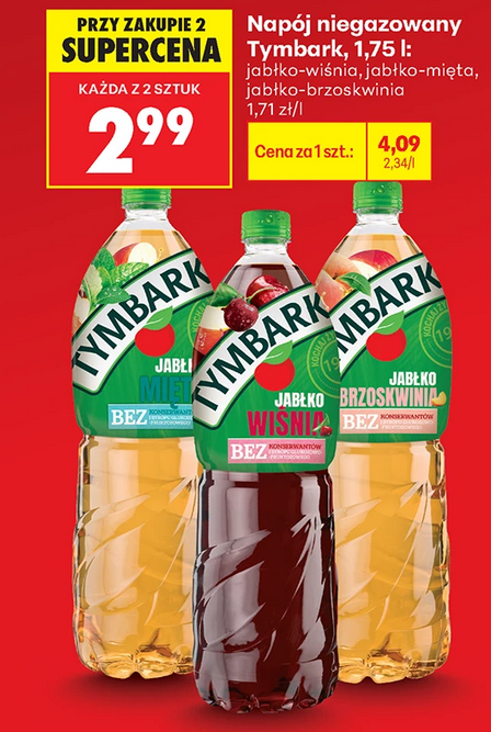 Napój niegazowany TYMBARK, 1.75 L, różne rodzaje (przy zakupie 2 op.)