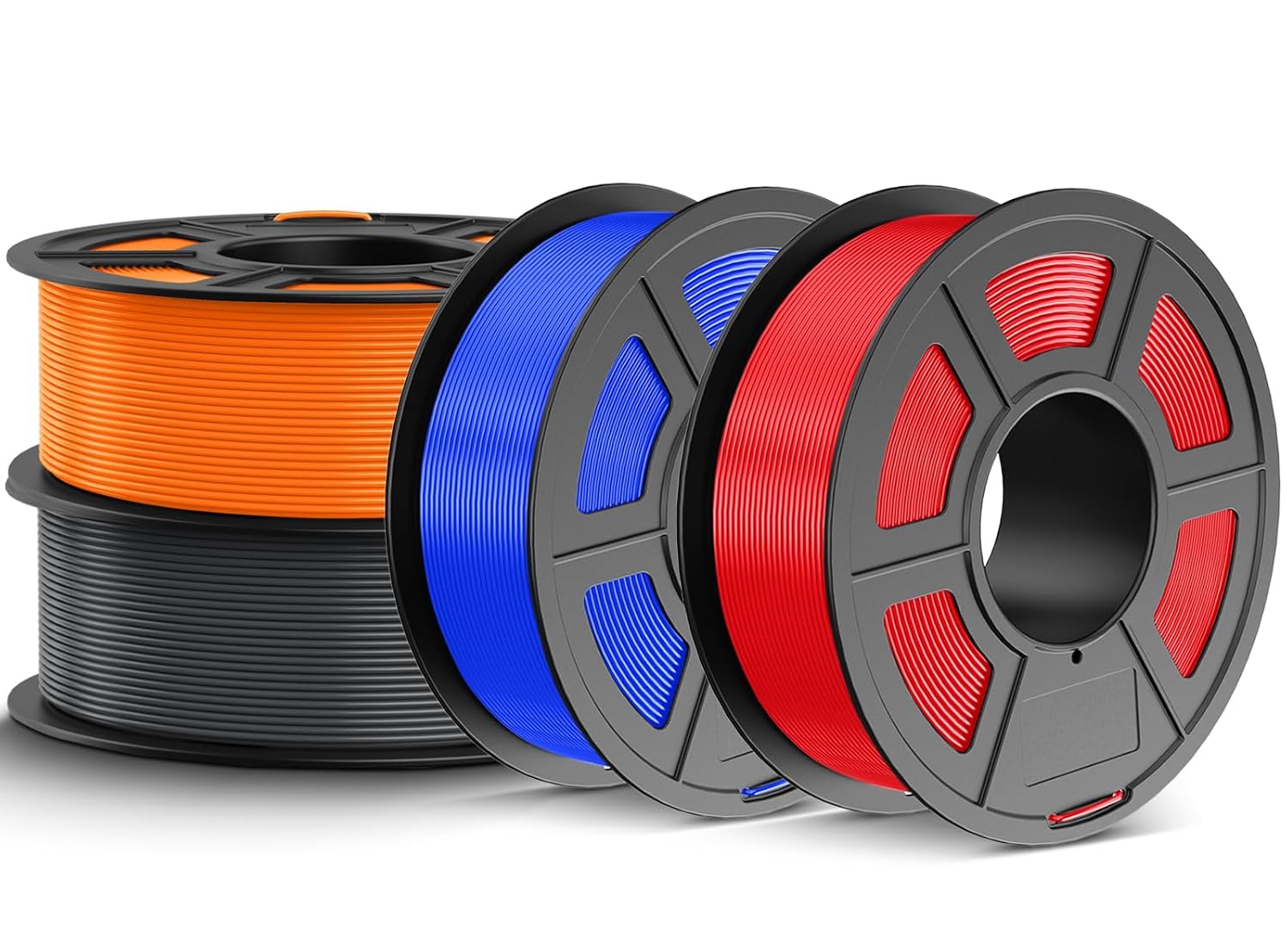 JAYO Filament PETG 1,75 mm, 3D FDM, 4 szpule, 4,4, kg (1,1 kg/szpula), pomarańczowy, szary, niebieski, czerwony