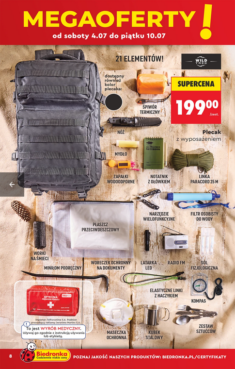 Plecak Survivalowy z wyposażeniem, 21 elemtów