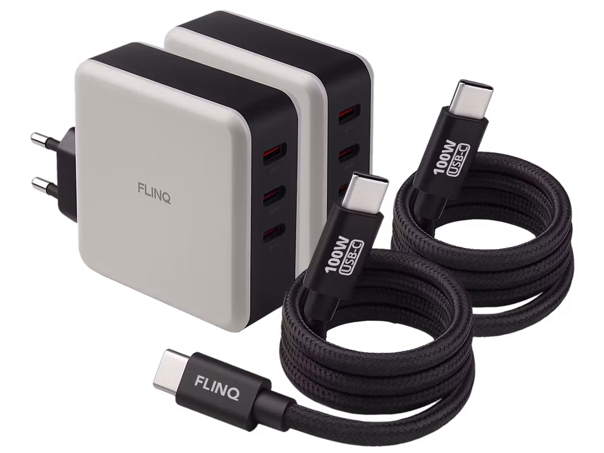 ZESTAW 2x ładowarka z przewodem FlinQ Nano | GaN | 3 porty | 100W PD | 2 metry