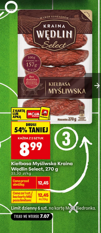 Kiełbasa myśliwska Kraina Wędlin SELECT, 270g (przy zakupie 2 op.)