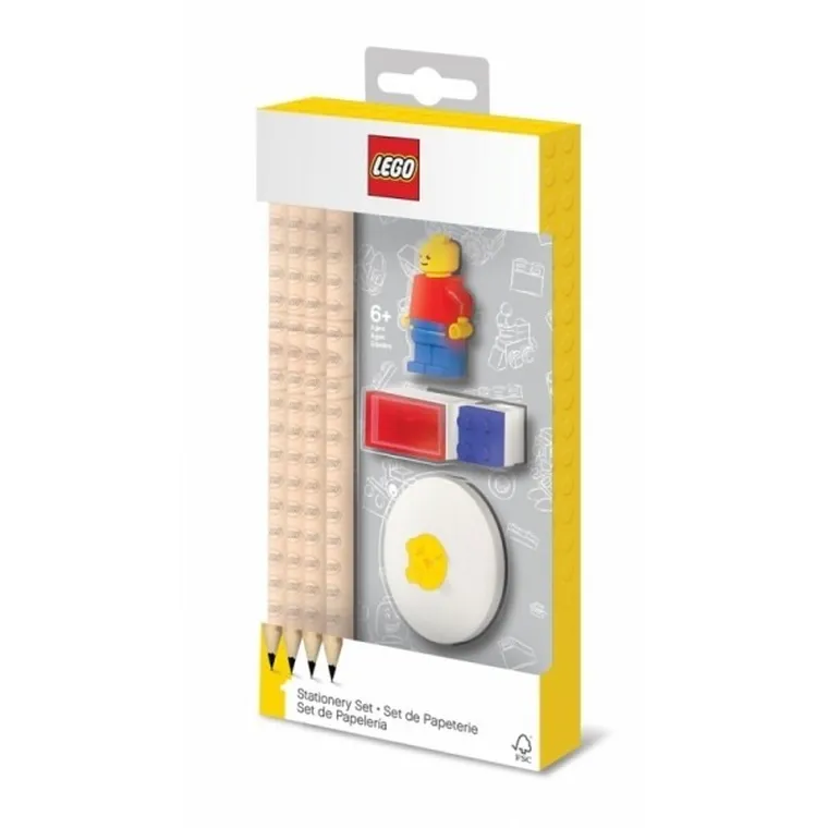 LEGO, zestaw szkolny (figurka, ołówek x4, temperówka, klocek - opis)