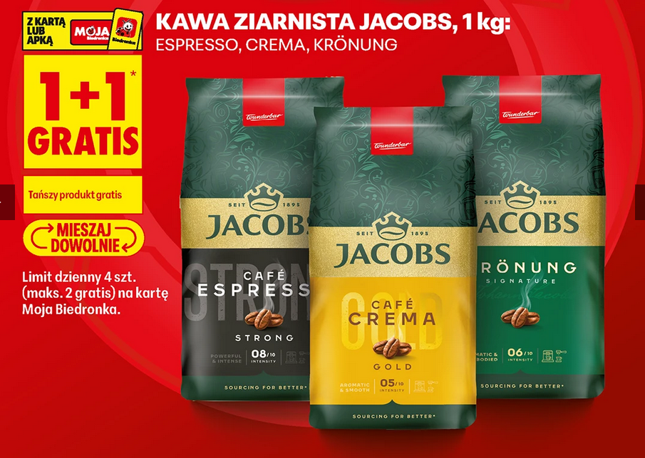 Kawa ziarnista JACOBS: Espresso, Crema, Kronung, 1 KG (1+1 GRATIS)