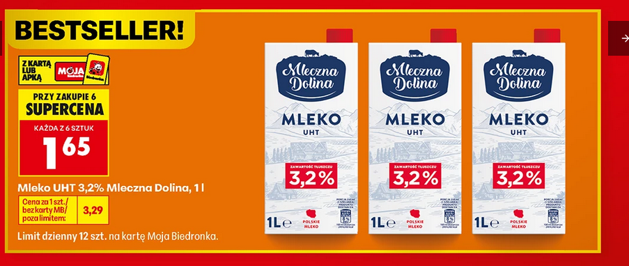 Mleko UHT 3.2% Mleczna Dolina, 1 L (przy zakupie 6 op.)