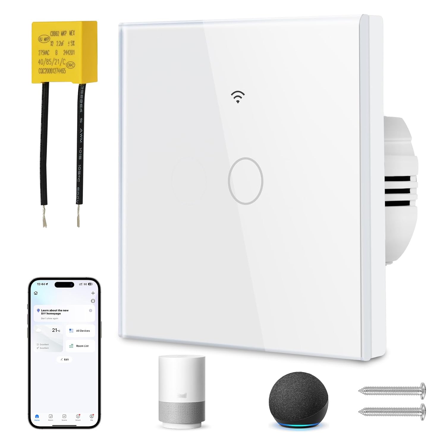 Ainiv Inteligentny włącznik światła WiFi, 1-drożny, 2,4 GHz, Alexa Google Home