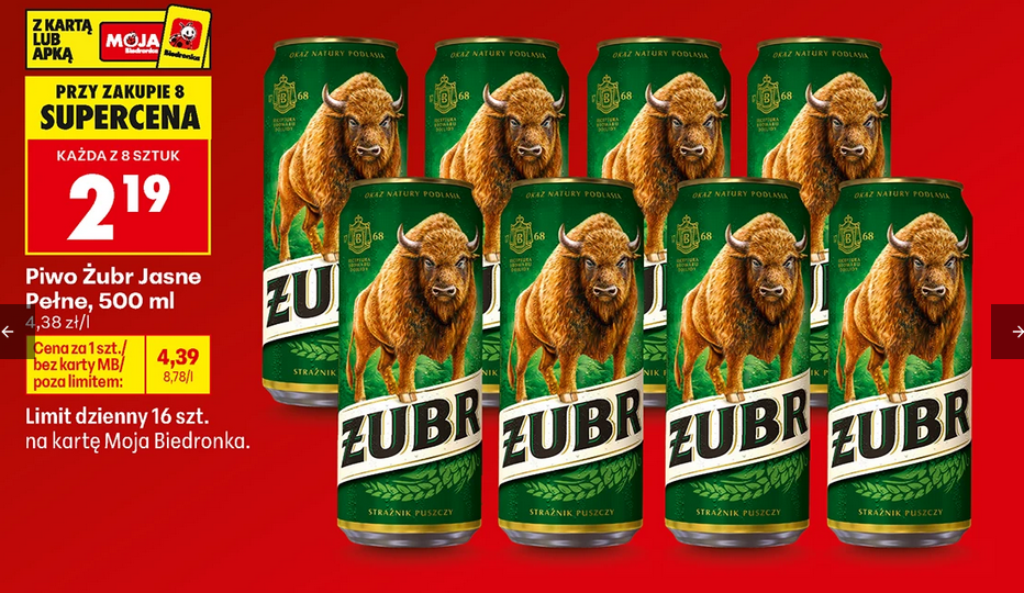 Piwo Żubr Jasne Pełne, 500 ml (przy zakupie 8 op.)