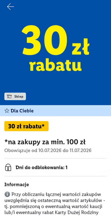 Kupon - 30 PLN przy zakupach za min. 100 PLN - LIDL