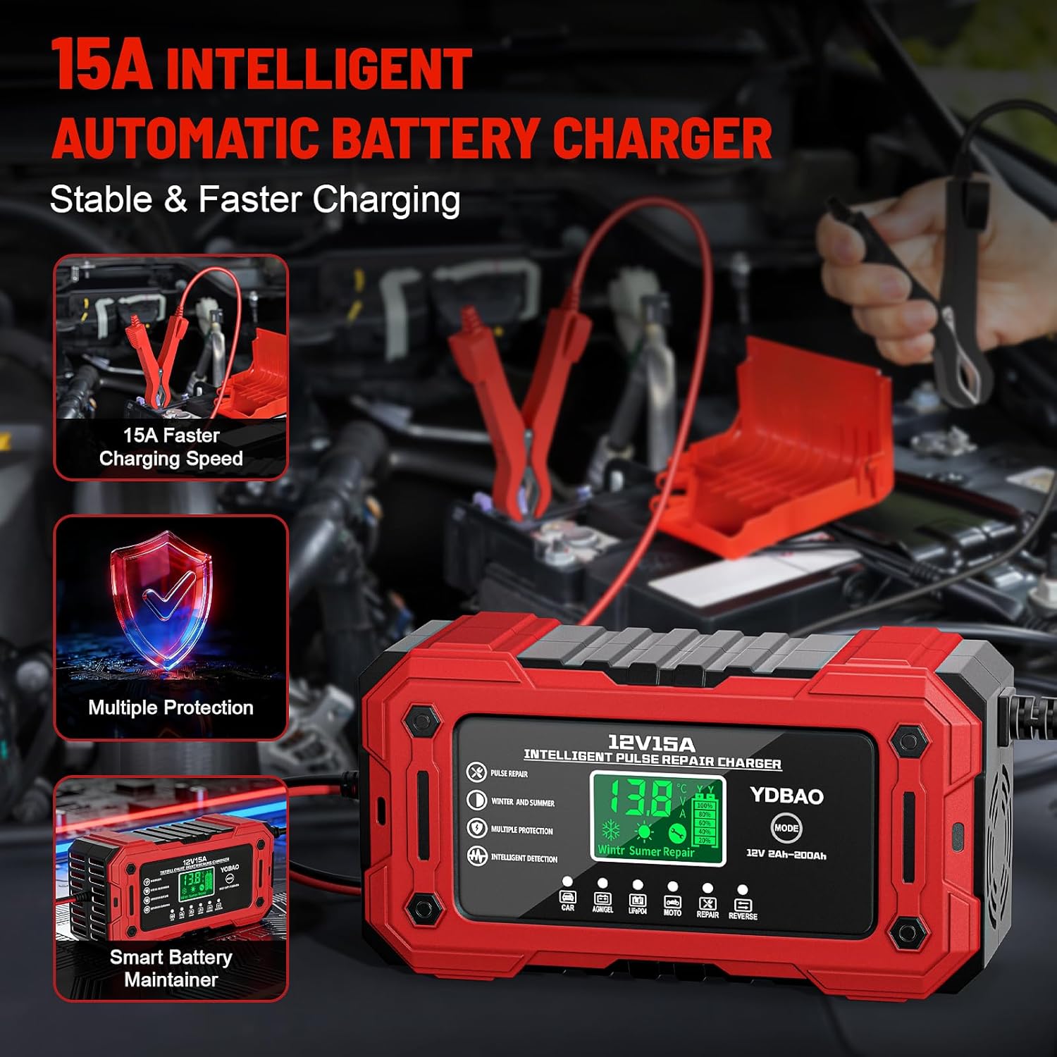 YDBAO Prostownik Samochodowy 15A 12V LiFePO4, Inteligentna Ładowarka do Akumulatorów Auto i Moto, LCD