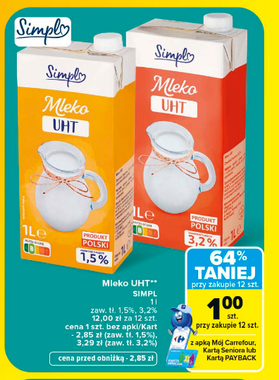 Mleko UHT 3.2% Simpl, 1 L (przy zakupie 12 op.)