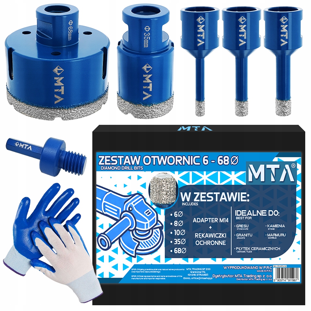 OTWORNICA DIAMENTOWA KORONKA DO GRESU M14 ZESTAW ⌀ 6,8,10,35,68 mm + ADAPTER - od mtashop