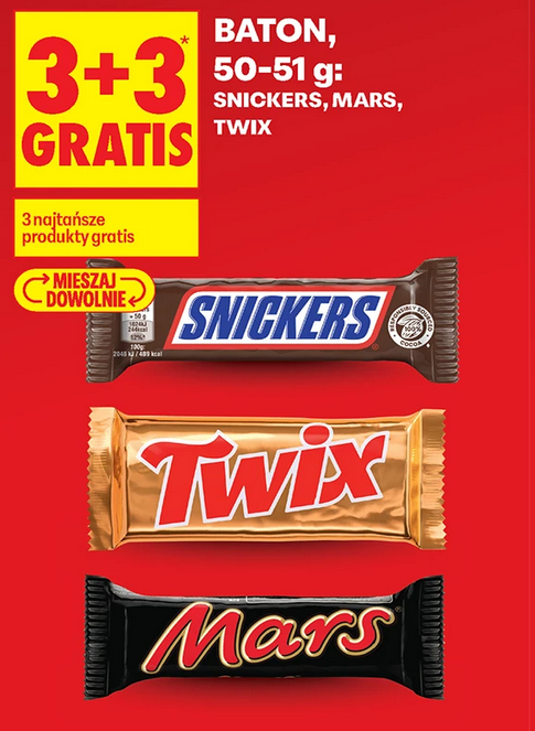 Baton Twix, Mars, Snickers, 50-51g (3+3 GRATIS)
