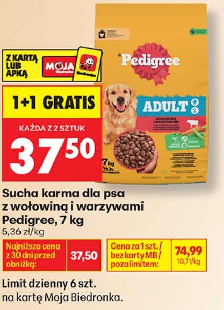 Sucha karma dla psa z wołowiną i warzywami Pedigree, 7 KG (1+1 GRATIS)