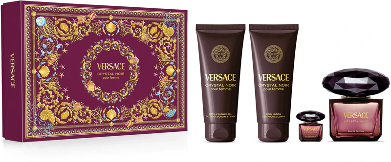 Versace Crystal Noir zestaw upominkowy dla kobiet, EDP 90 ML + EDP 5 ML + Żel 100 ML + Mleczko 100 ML