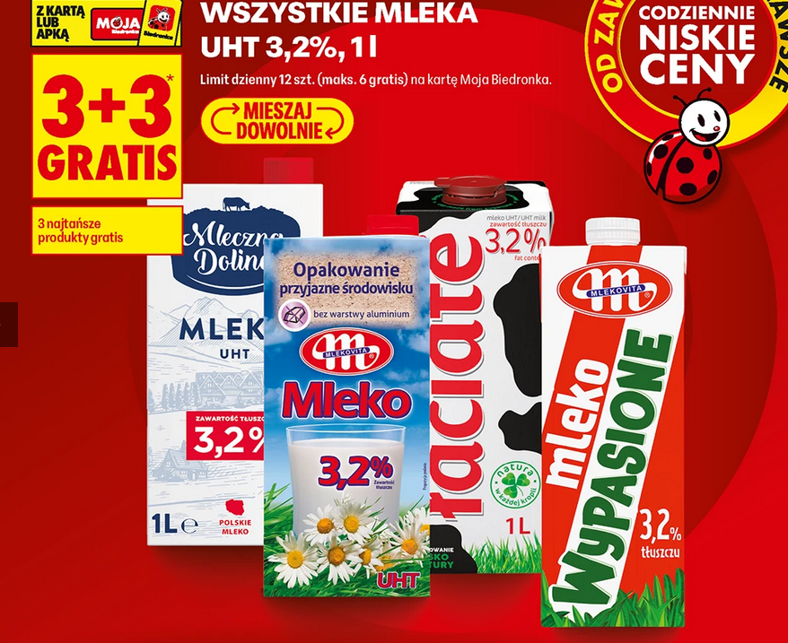 Wszystkie mleka UHT 3.2%, 1 L (3+3 GRATIS)
