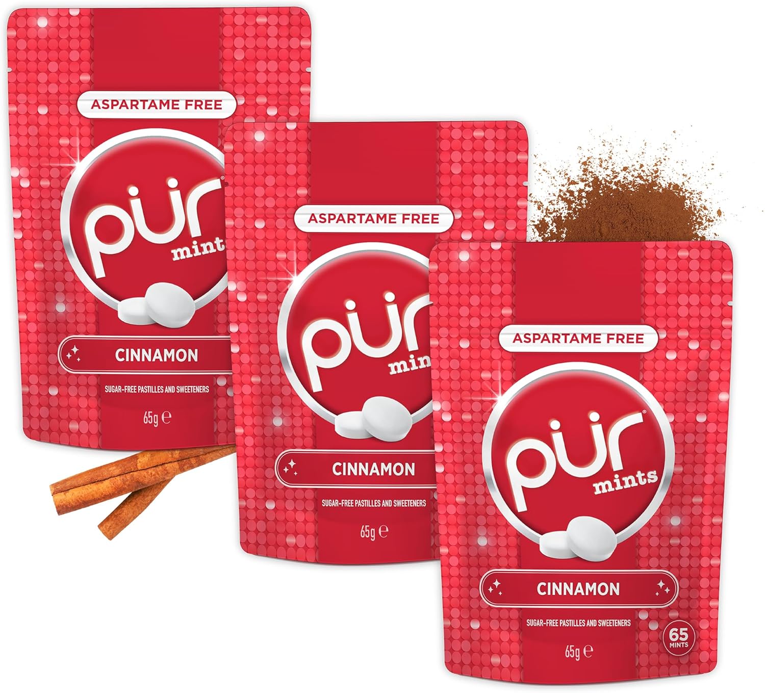 3-PAK - PUR Mints | Miętówki bez aspartamu | Słodzone ksylitolem | Bez cukru, wegańskie, bezglutenowe, 3x65 szt. (3 smaki)