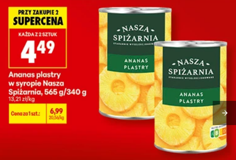 Ananas plastry w syropie Nasza Spiżarnia, 565g/340g (przy zakupie 2 puszek)