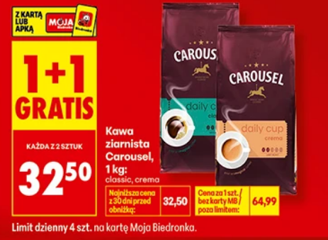 Kawa ziarnista Carousel, classic lub crema, 1 KG (1+1 GRATIS)