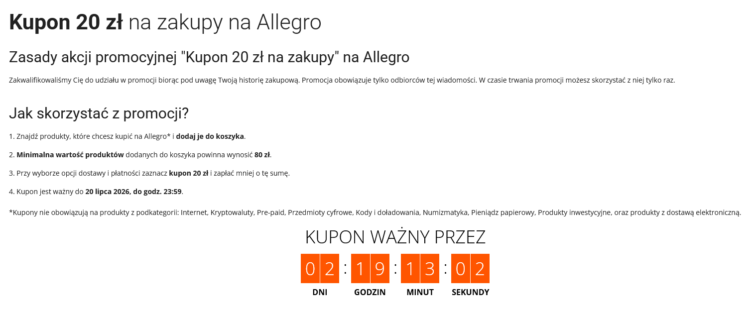 Kupon 20 zł na zakupy na Allegro, MWZ 80 PLN