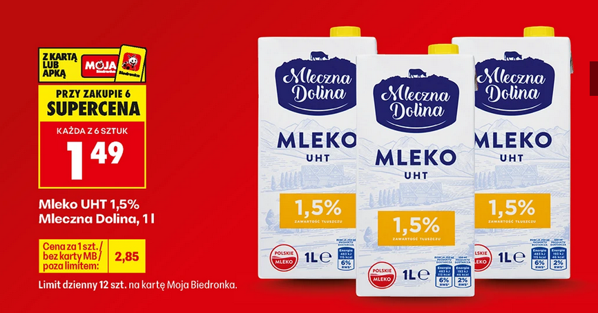 Mleko UHT, 1.5% Mleczna Dolina, 1 L (przy zakupie 6 op.)