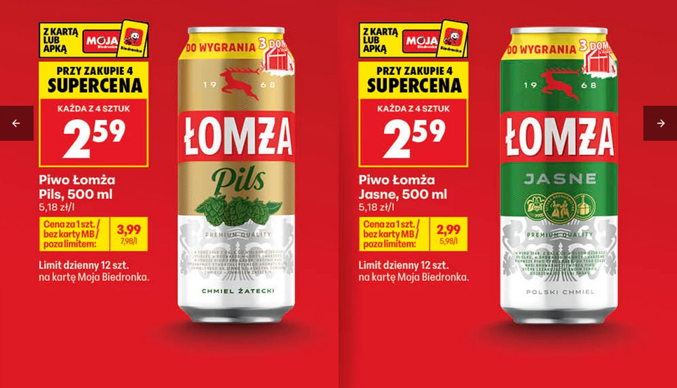 Piwo Łomża Jasne lub Pils, 500 ML, BEZKAUCYJNE (przy zakupie 4 szt.)