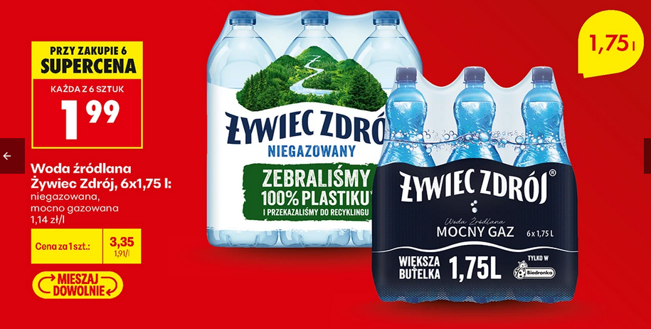 Woda żródlana Żywiec Zdrój, 6x1.75 L (niegazowana lub mocno gazowana)
