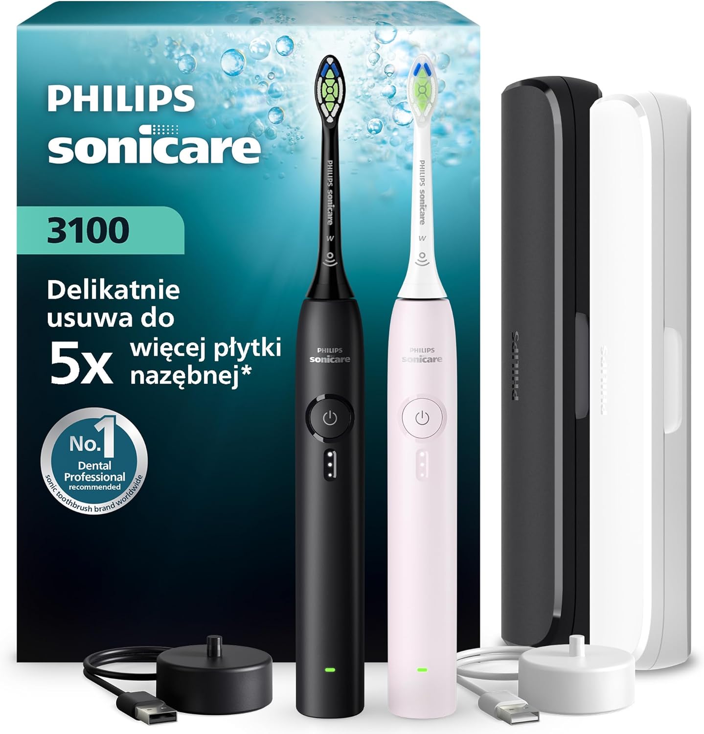 2 SZTUKI - Philips Sonicare serii 3100 – szczoteczka ze wskaźnikiem nacisku, 3 poziomy intensywności, EasyStart, SmarTimer + 2x etui podróżne, HX4072/42 (czarna i jasnoróżowa)