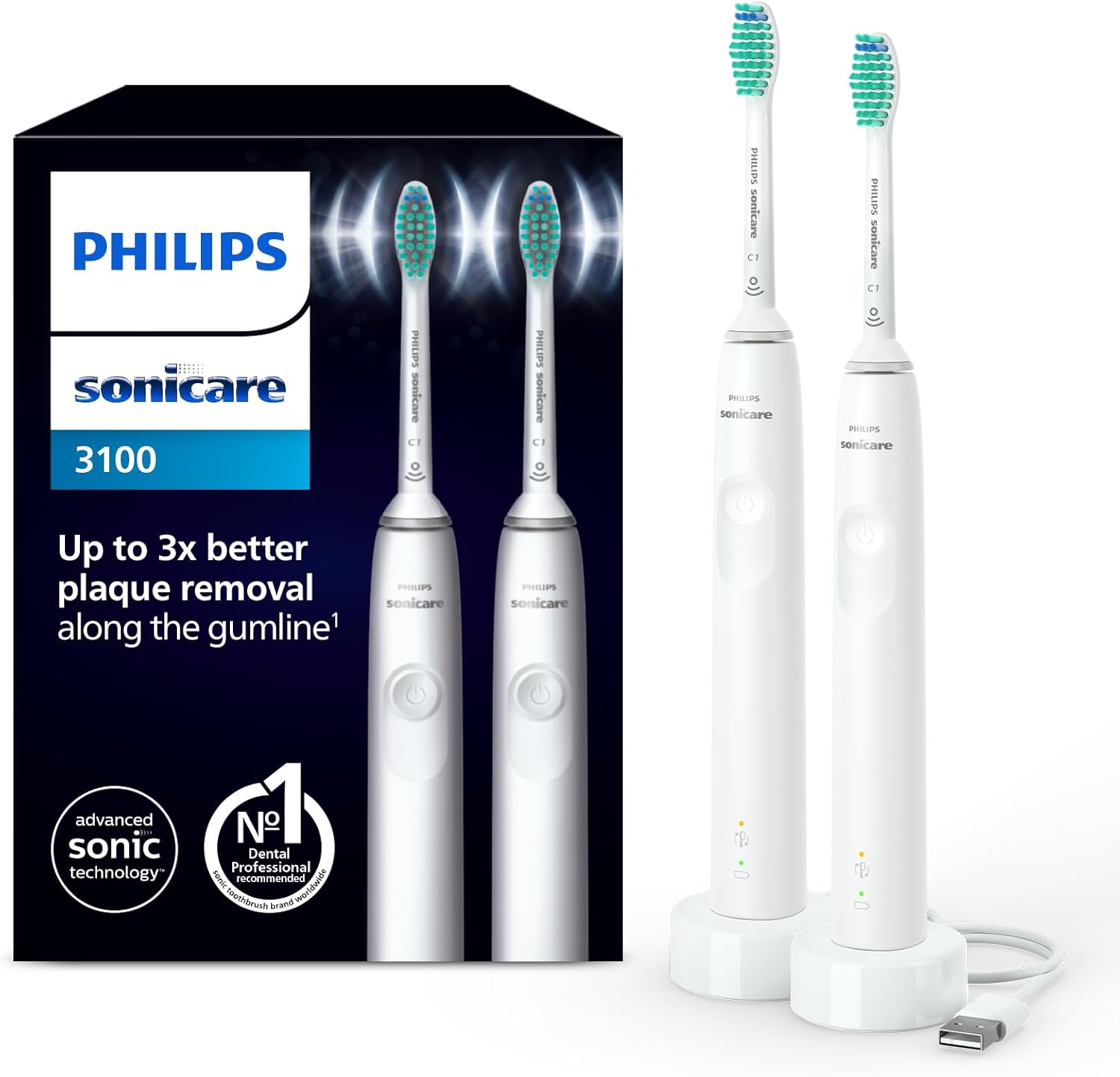2 SZTUKI - Philips Sonicare 3100, soniczna szczoteczka do zębów z czujnikiem nacisku i zegarem programowanym, biały, model HX3675/13