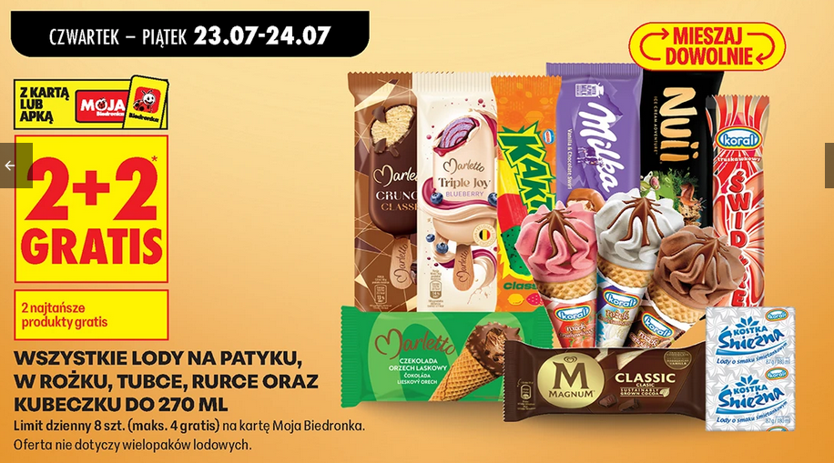 Wszystkie lody na patyku, w rożku, tubce, rure oraz kubeczku do 270 ML (2+2 GRATIS)
