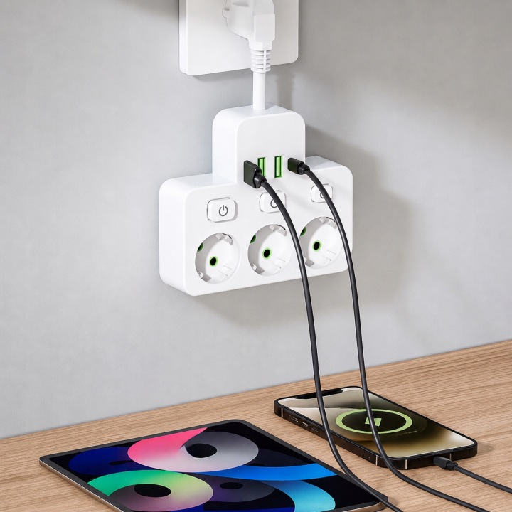 Przedłużacz Listwa Zasilająca Rozdzielacz Rozgałęźnik 230V 3x USB + Lampka
