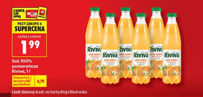 Sok 100% pomarańcza Riviva, 1 L (przy zakupie 6 op. - 1 zgrzewki)