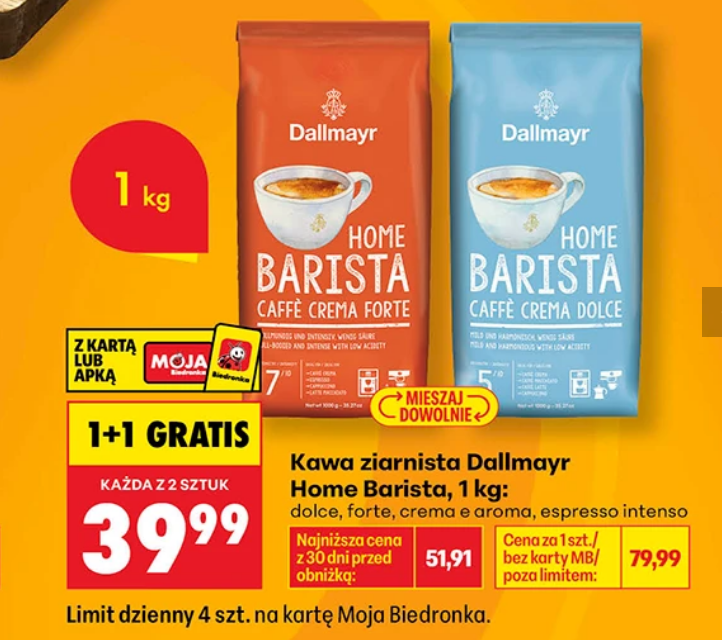 Kawa ziarnista Dallmayer Home Barista, 1 KG (1+1 GRATIS)
