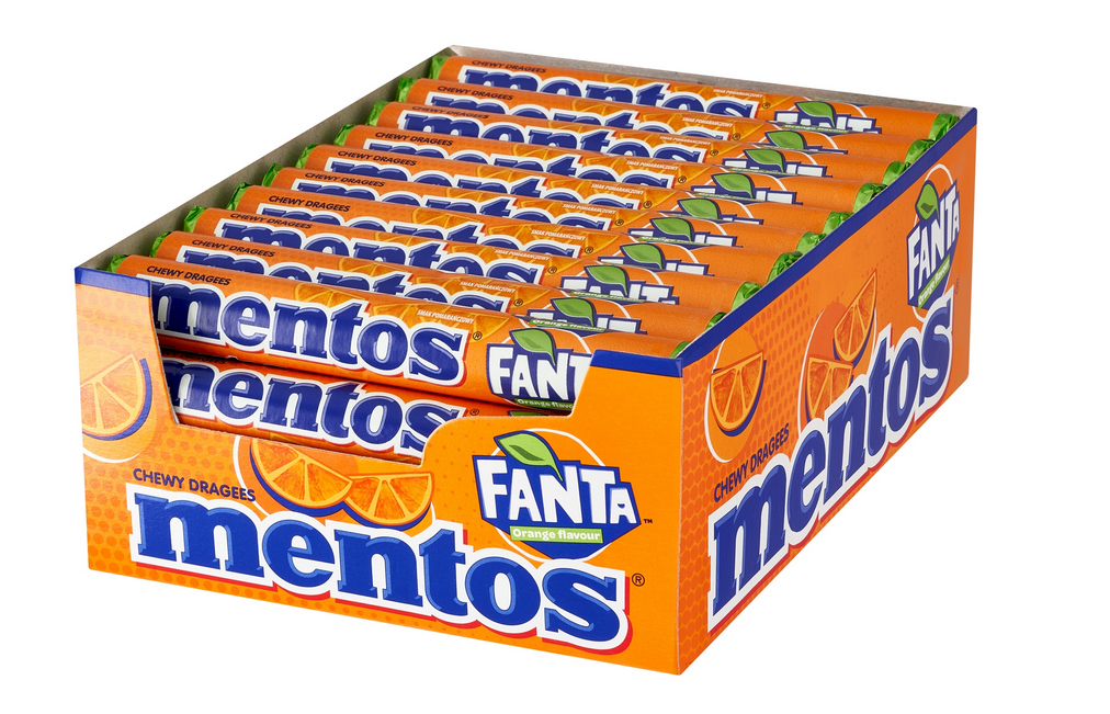 Mentos Cukierki Pomarańczowe do Żucia Fanta 37,5g, 08-2027r., cale op 40 sz