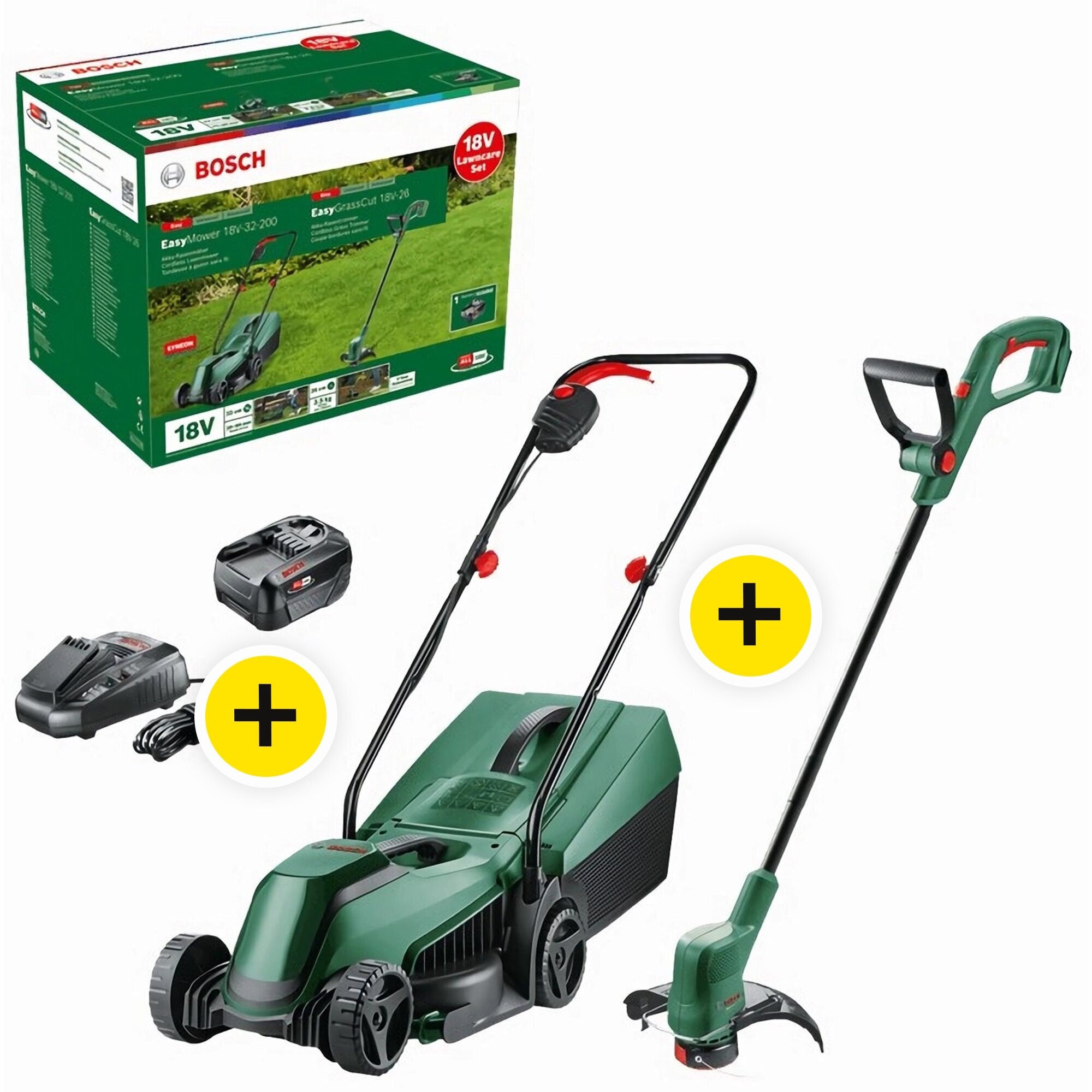 ZESTAW Kosiarka akumulatorowa BOSCH EasyMower 18V-32-200 + Podkaszarka EasyGrassCut 18V-26 06008B9D02 32 cm, 4 Ah, 18 V, kosz 31L, akumulator 4 Ah