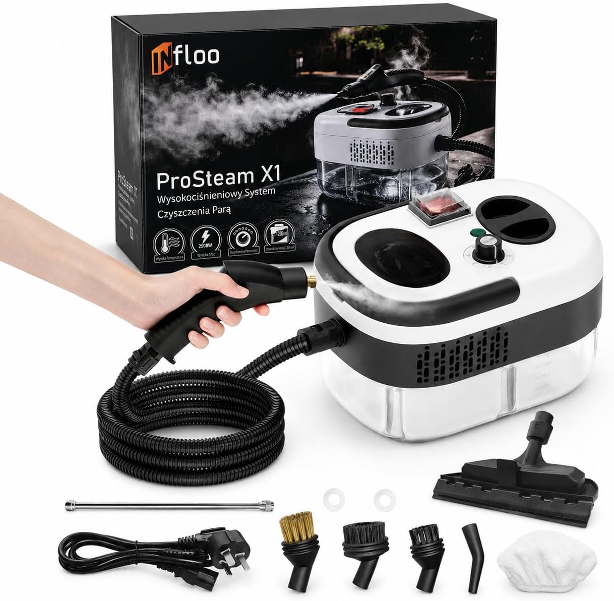 INfloo ProSteam X1 Myjka Parowa 2500W, 4,5 bar, 6 Poziomów Pary, Nagrzewanie 15s