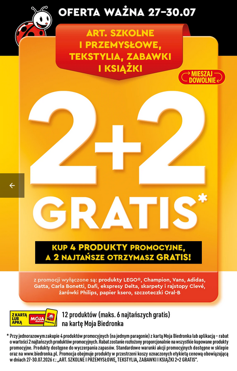 Kup 4 produkty promocyjne, a 2 najtańsze otrzymasz GRATIS - BIEDRONKA