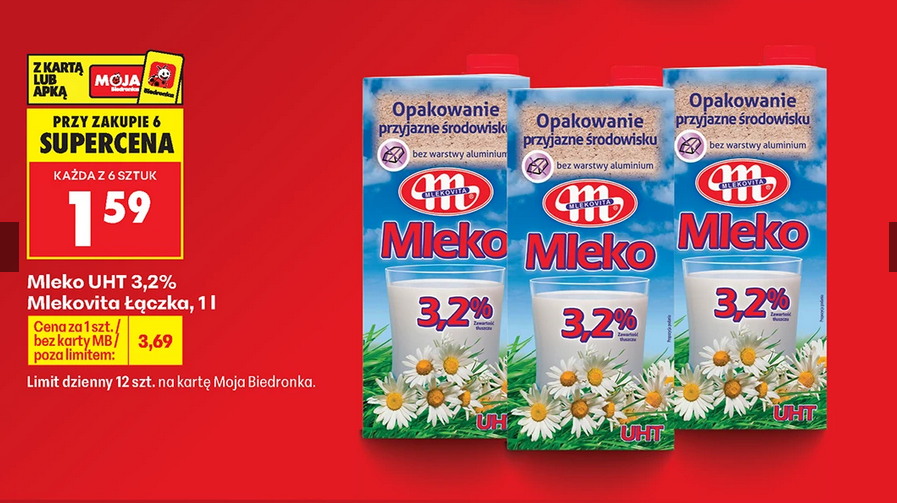 Mleko UHT 3.2% Mlekovita Łączka, 1 L (przy zakupie 6 opakowań) - BIEDRONKA
