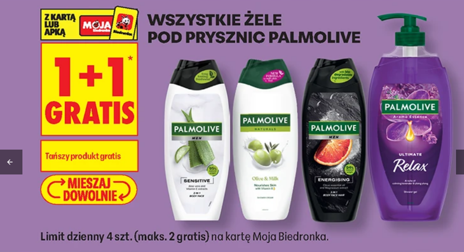 Wszytskie żele pod prysznic PALMOLIVE (1+1 GRATIS) - BIEDRONKA
