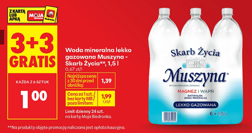 Woda mineralna lekko gazowana Muszyna - Skarb Życia, 1.5 L (3+3 GRATIS)