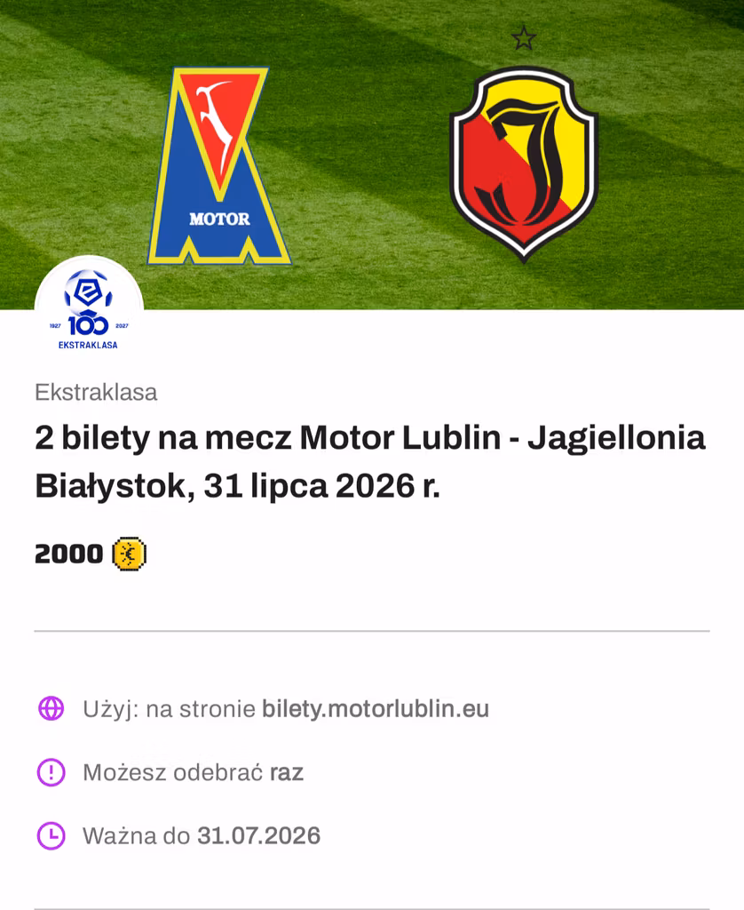 DARMOWE 2 BILETY na mecz Motor Lublin - Jagiellonia Białystok za 2000 In-Coinów (31.07) - InPost