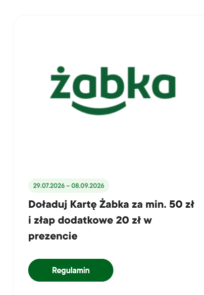 BONUS +20 PLN (GRATIS) za jednorazowe doładowanie Karty "Żabka' za min. 50 PLN - ŻABKA
