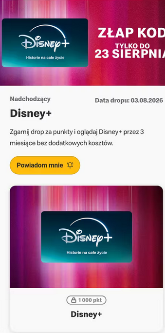 DARMOWE 3 miesiące Disney+ plan STANDARD za 1000 pkt. - McDonald's