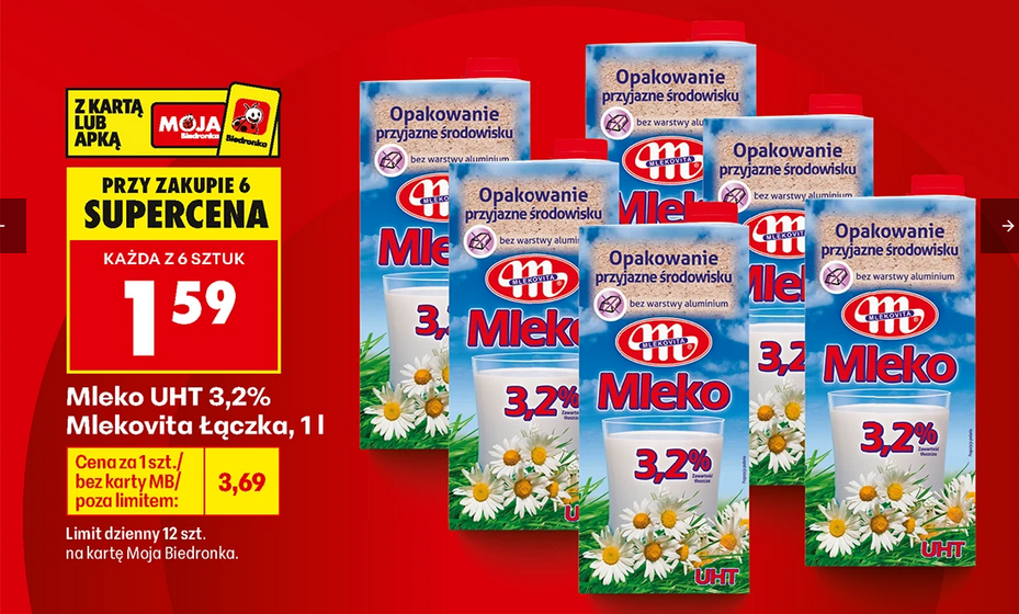 Mleko UHT 3.2% Mlekovita ŁĄczka, 1L (przy zakupie 6 op.)