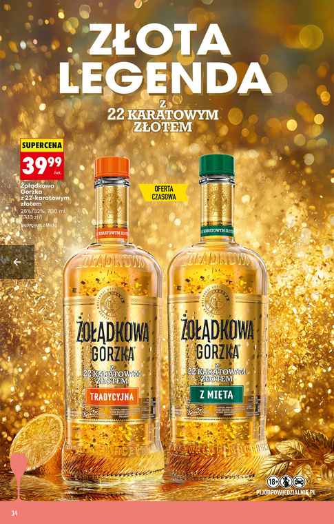 Żołądkowa Gorzka z 22-kartowym złotem, tradycyjna lub z mięta, 0.7 L - BIEDRONKA