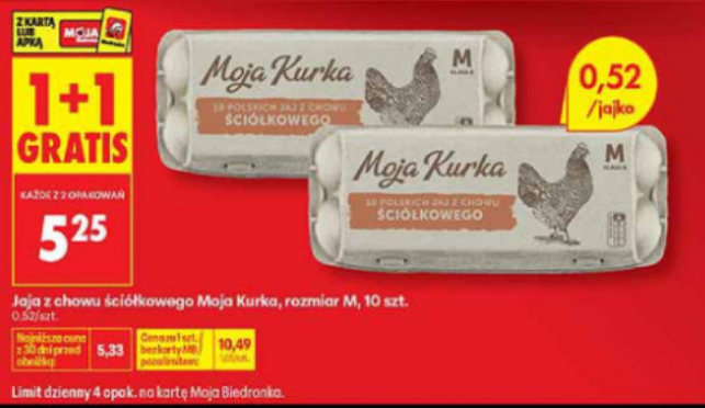 Jaja z chowu ściólkowego Moj Kurka, rozmiar M, 10 szt. (1+1 GRATIS)