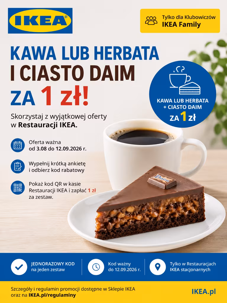 TYLKO za 1 PLN Kupon na kawę albo herbatę oraz porcję ciasta Daim - dla Klubowiczów IKEA Family