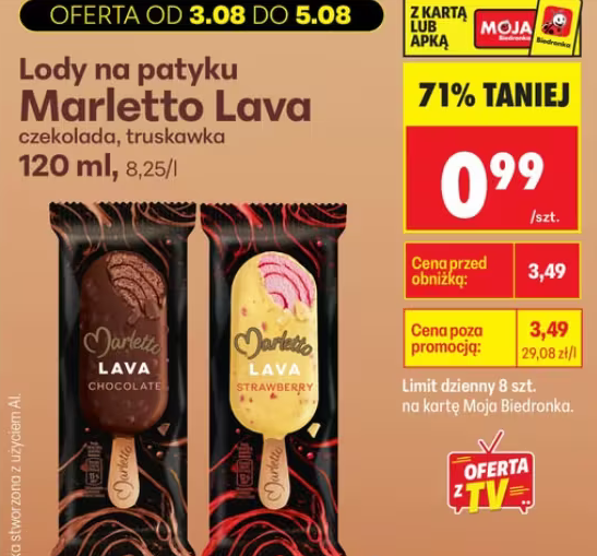Lody na patyku MARLETTO LAVA (czekolada, truskawka) -BIEDRONKA