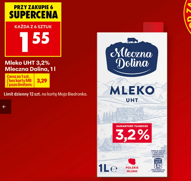 Mleko UHT 3.2 Mleczna Dolina, 1 L (przy zakupie 6 opakowań)
