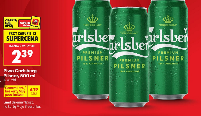 Piwo Carlsberg Pilsner, 500 ML (przy zakupie 12 opakowań)