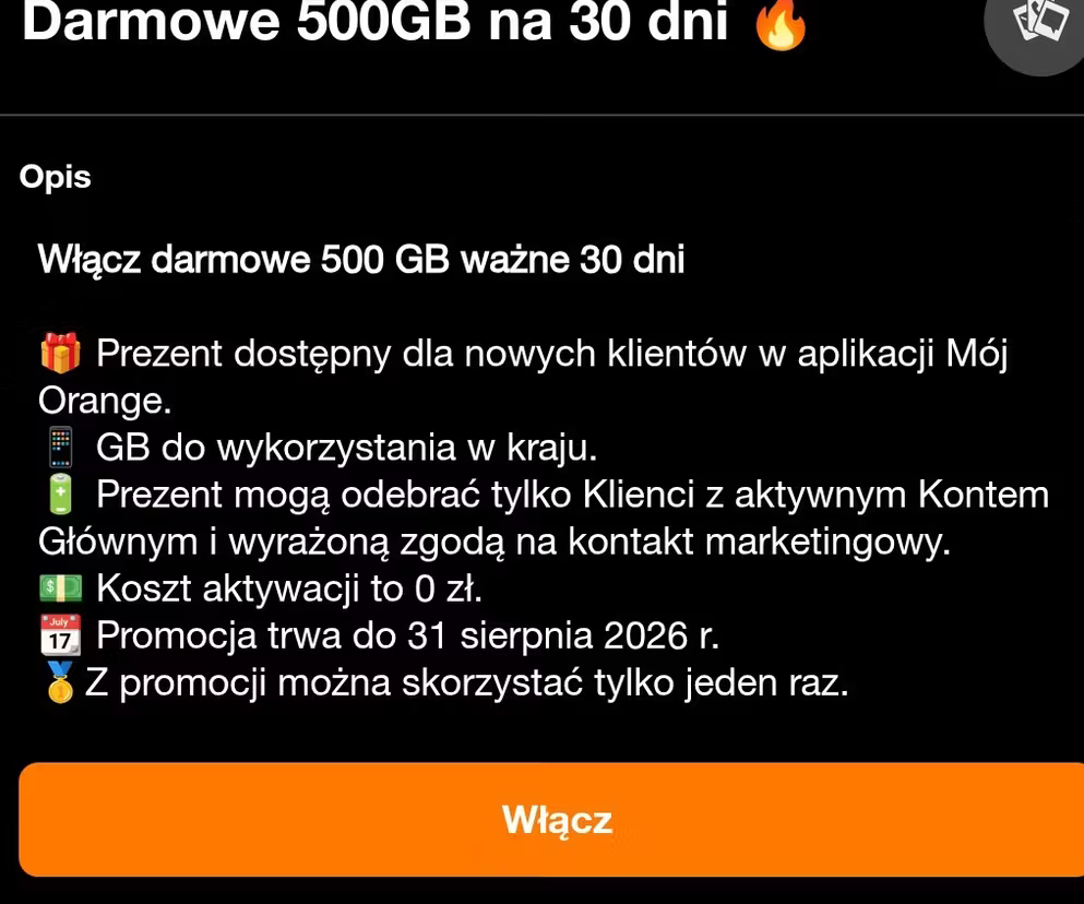 DARMOWE 500GB na 30 dni w aplikacji Mój Orange - ORANGE na kartę